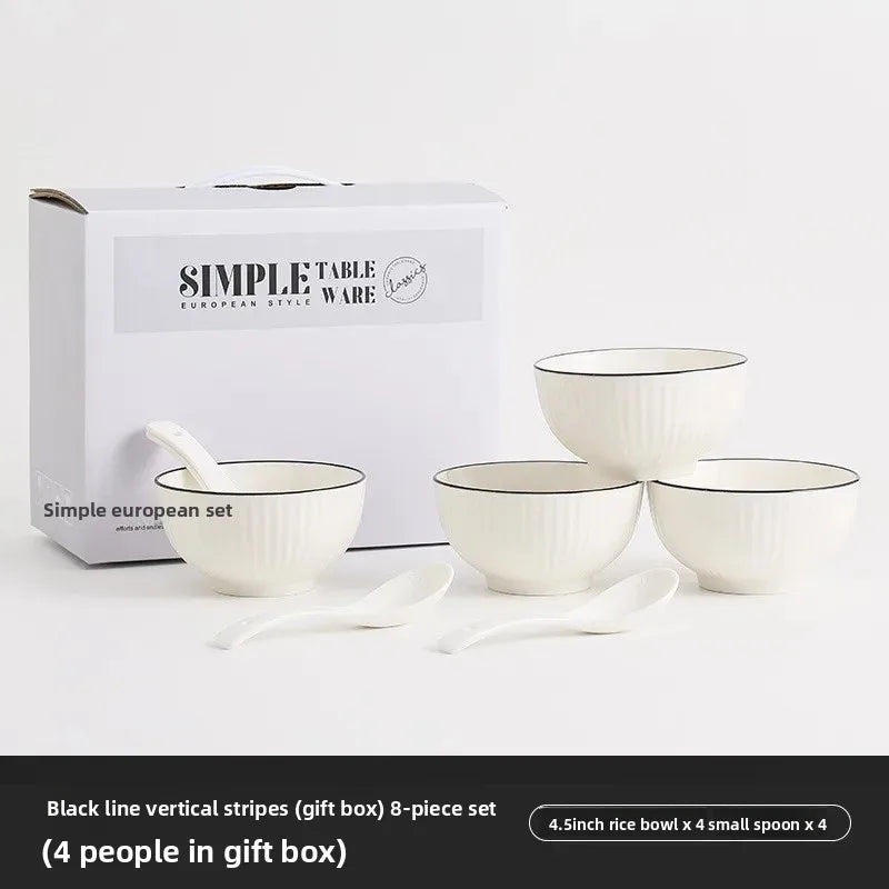 Conjunto de Jantar em Cerâmica – Tigela, Prato e Colher com Linha Preta Subvidrada | Presente Ideal para Casa