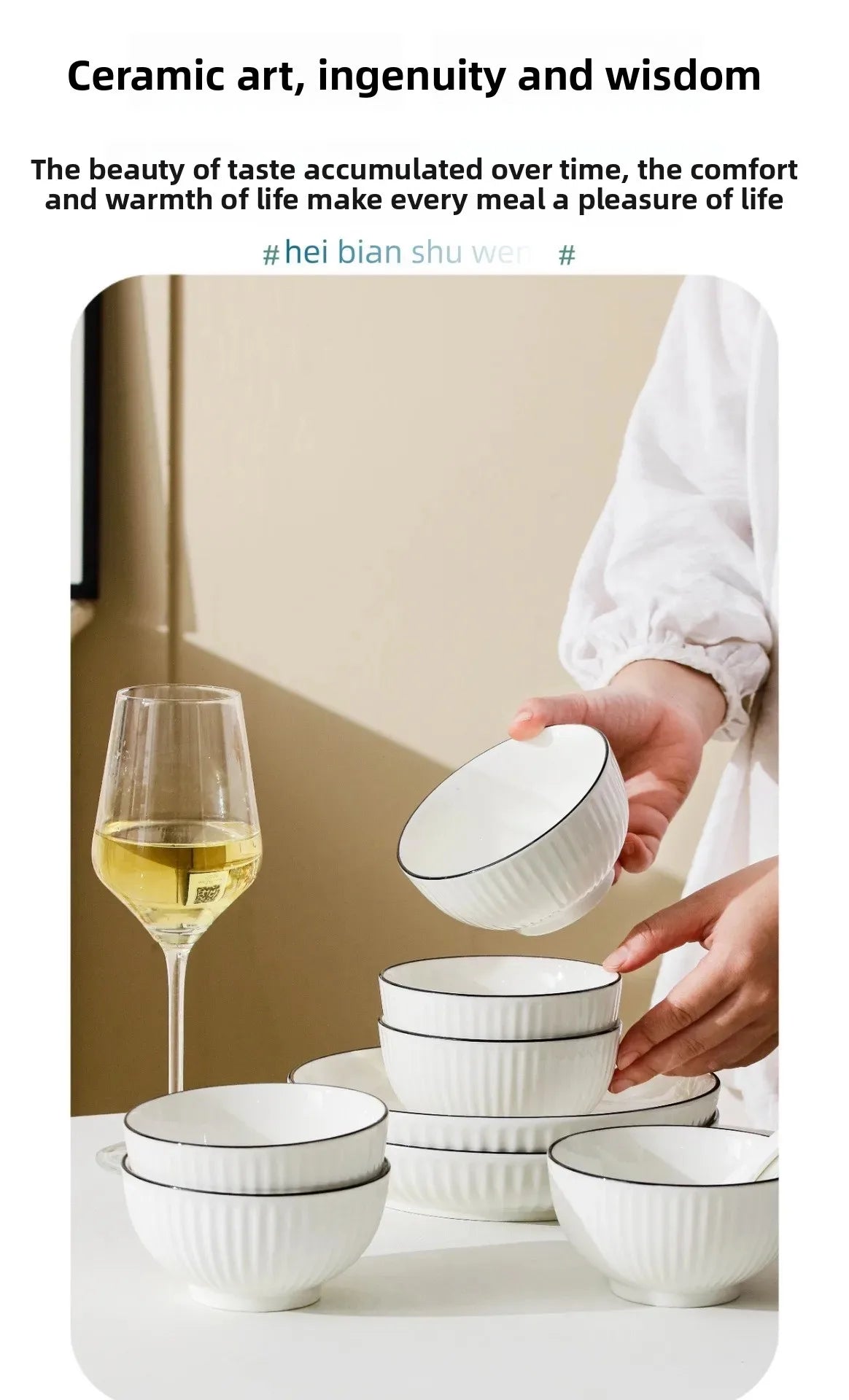 Conjunto de Jantar em Cerâmica – Tigela, Prato e Colher com Linha Preta Subvidrada | Presente Ideal para Casa