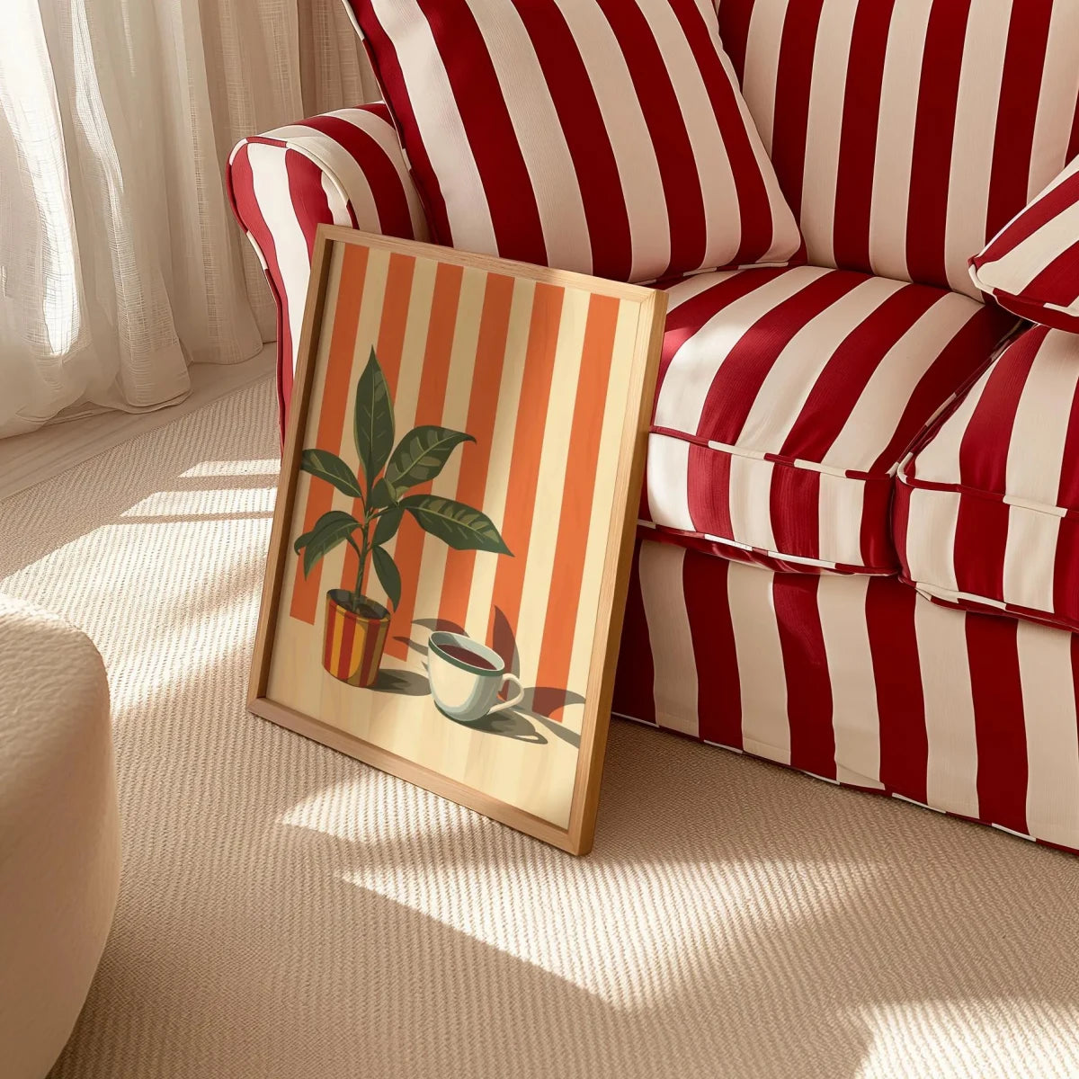 Pôster de Arte Retrô Minimalista – Impressão em Tela com Listras Quentes e Tema Café Vintage para Decoração de Parede de Quarto