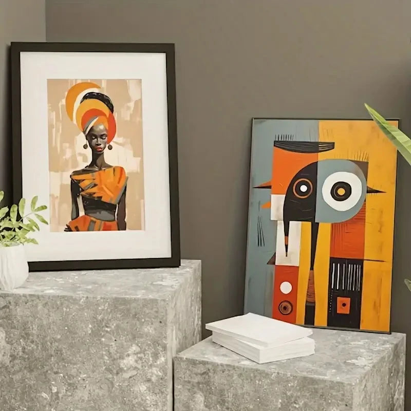 Conjunto de 3 Pôsteres Étnicos Abstratos – Arte Africana em Tela, Decoração Boho Chic, Pintura de Mulheres Negras para Sala e Quarto