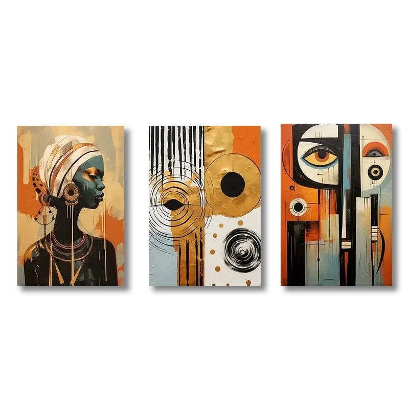 Conjunto de 3 Pôsteres Étnicos Abstratos – Arte Africana em Tela, Decoração Boho Chic, Pintura de Mulheres Negras para Sala e Quarto