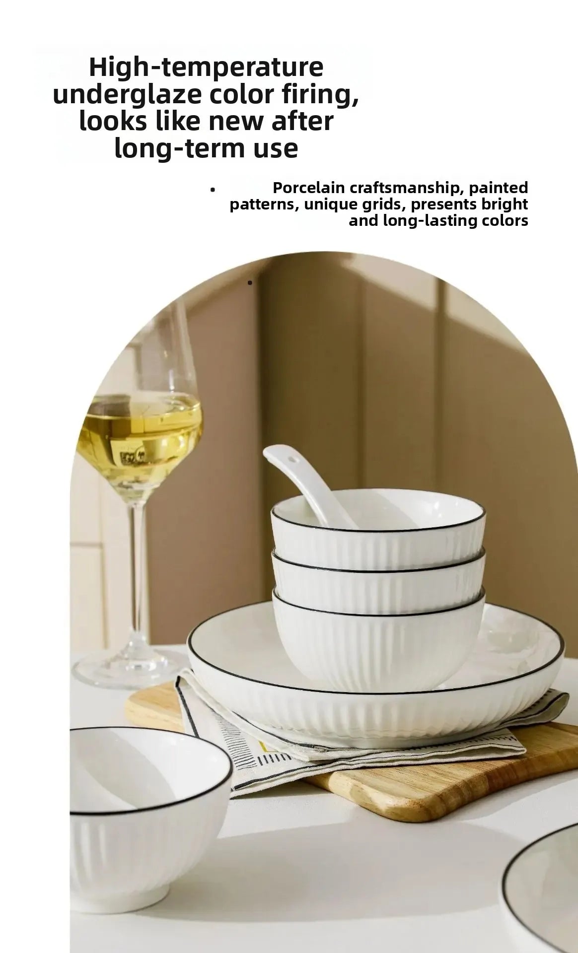 Conjunto de Jantar em Cerâmica – Tigela, Prato e Colher com Linha Preta Subvidrada | Presente Ideal para Casa