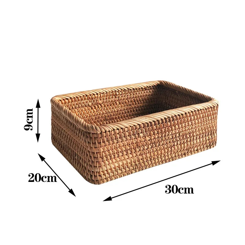 Cesta Retangular de Vime e Rattan Feita à Mão – Armazenamento para Frutas, Pães, Lanches, Chá, Cosméticos e Utensílios de Cozinha