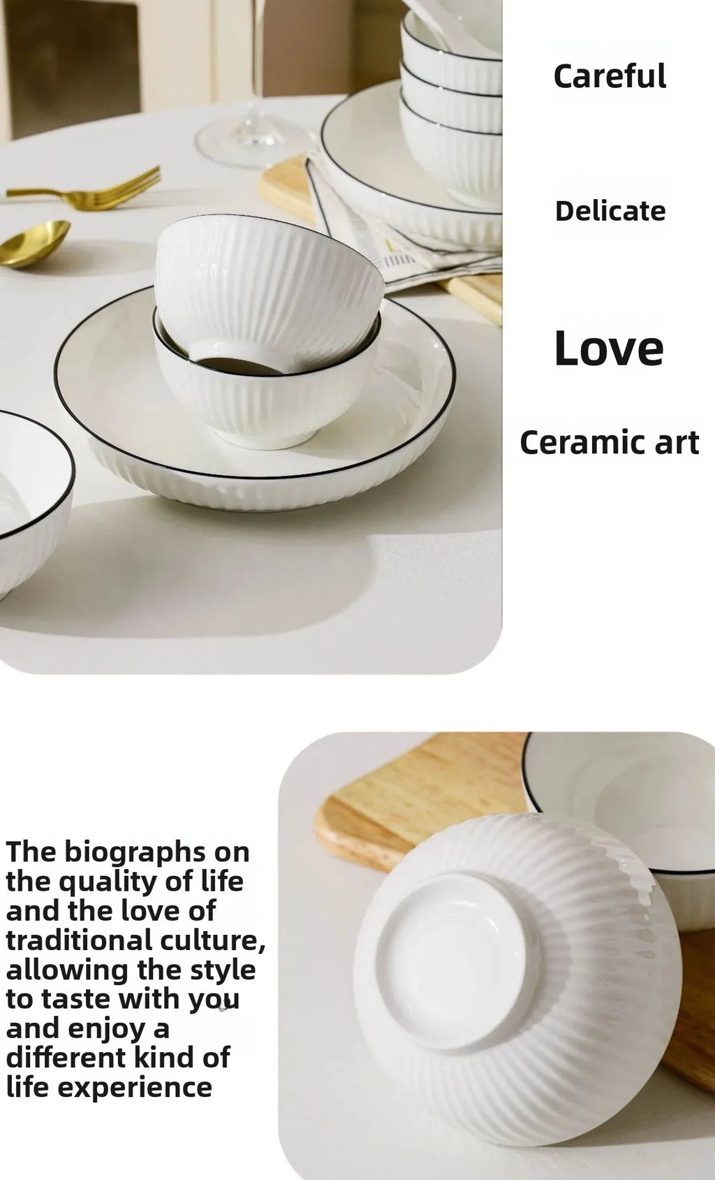 Conjunto de Jantar em Cerâmica – Tigela, Prato e Colher com Linha Preta Subvidrada | Presente Ideal para Casa