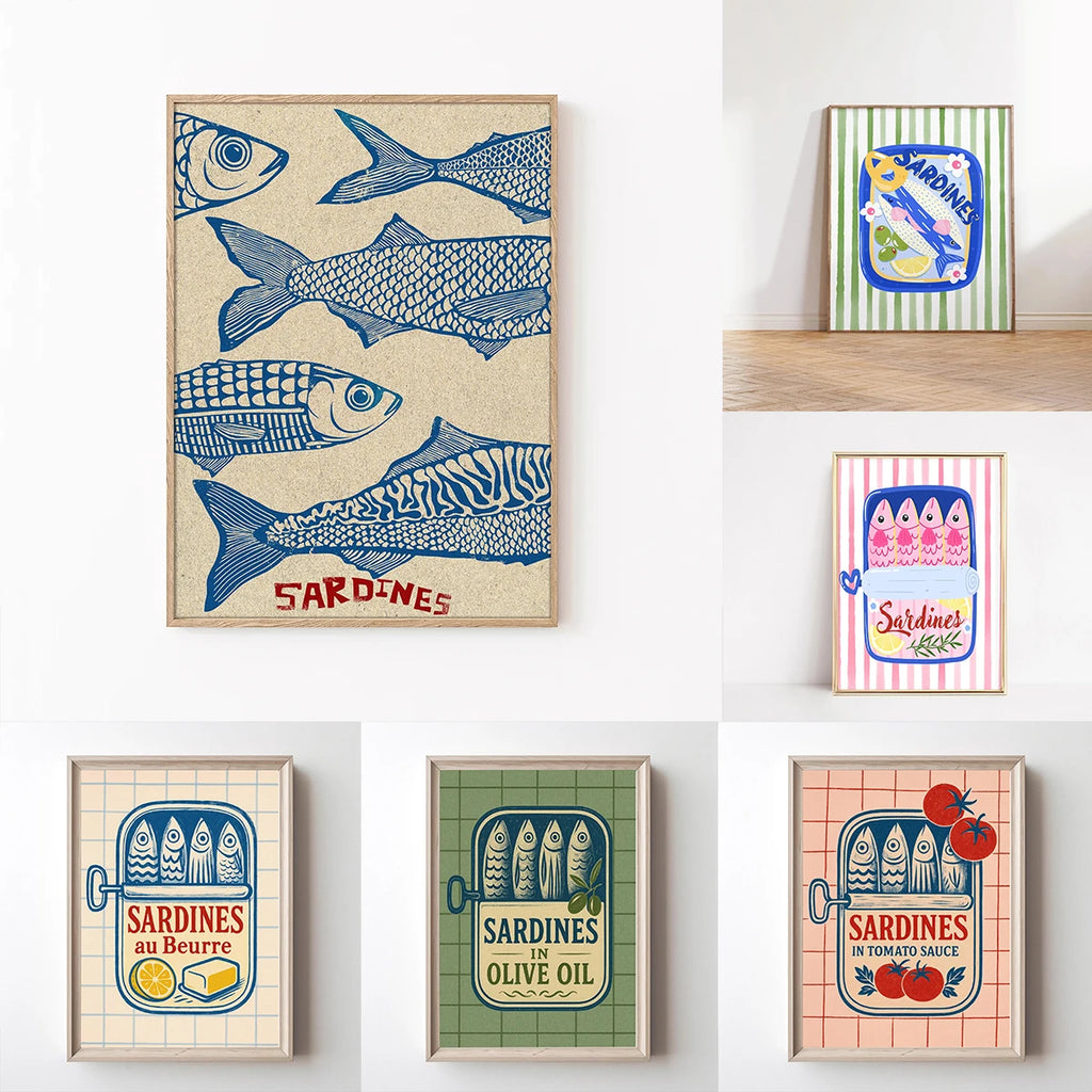 Quadro em Tela Sardinhas em Lata Rosa – Arte de Parede Estilo Pescador para Sala de Estar Moderna, Cozinha e Decoração de Casa, Presente Criativo