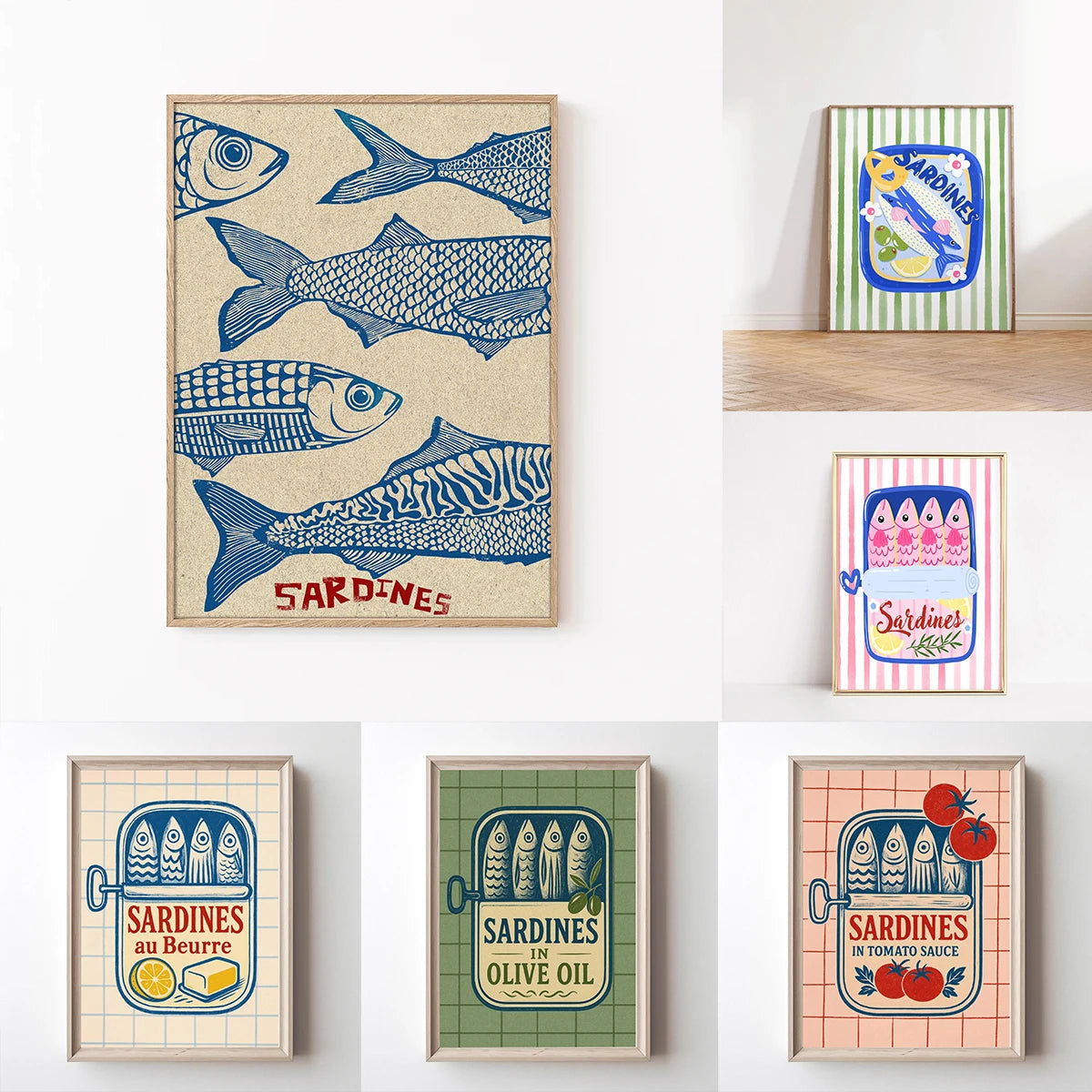 Quadro em Tela Sardinhas em Lata Rosa – Arte de Parede Estilo Pescador para Sala de Estar Moderna, Cozinha e Decoração de Casa, Presente Criativo