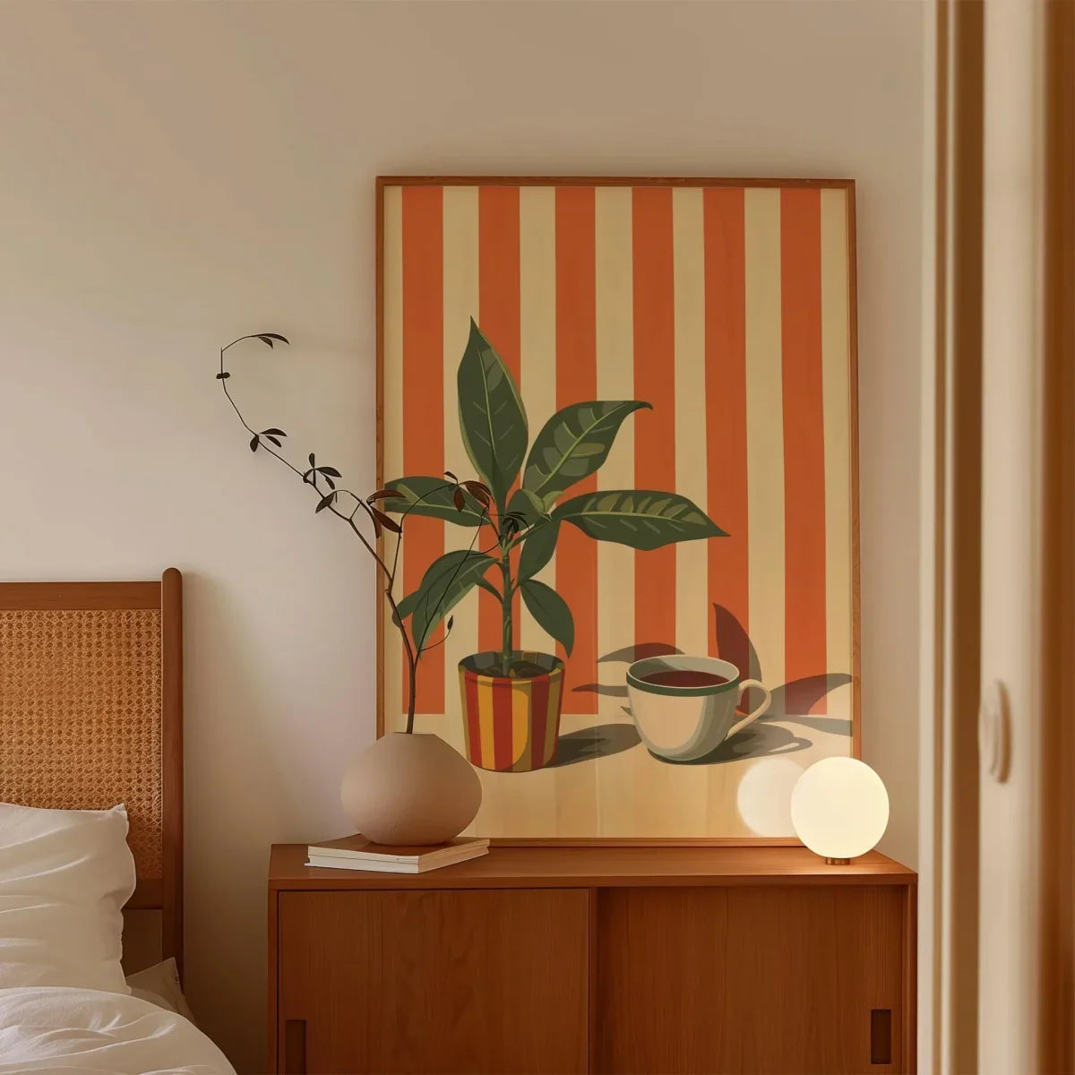 Pôster de Arte Retrô Minimalista – Impressão em Tela com Listras Quentes e Tema Café Vintage para Decoração de Parede de Quarto