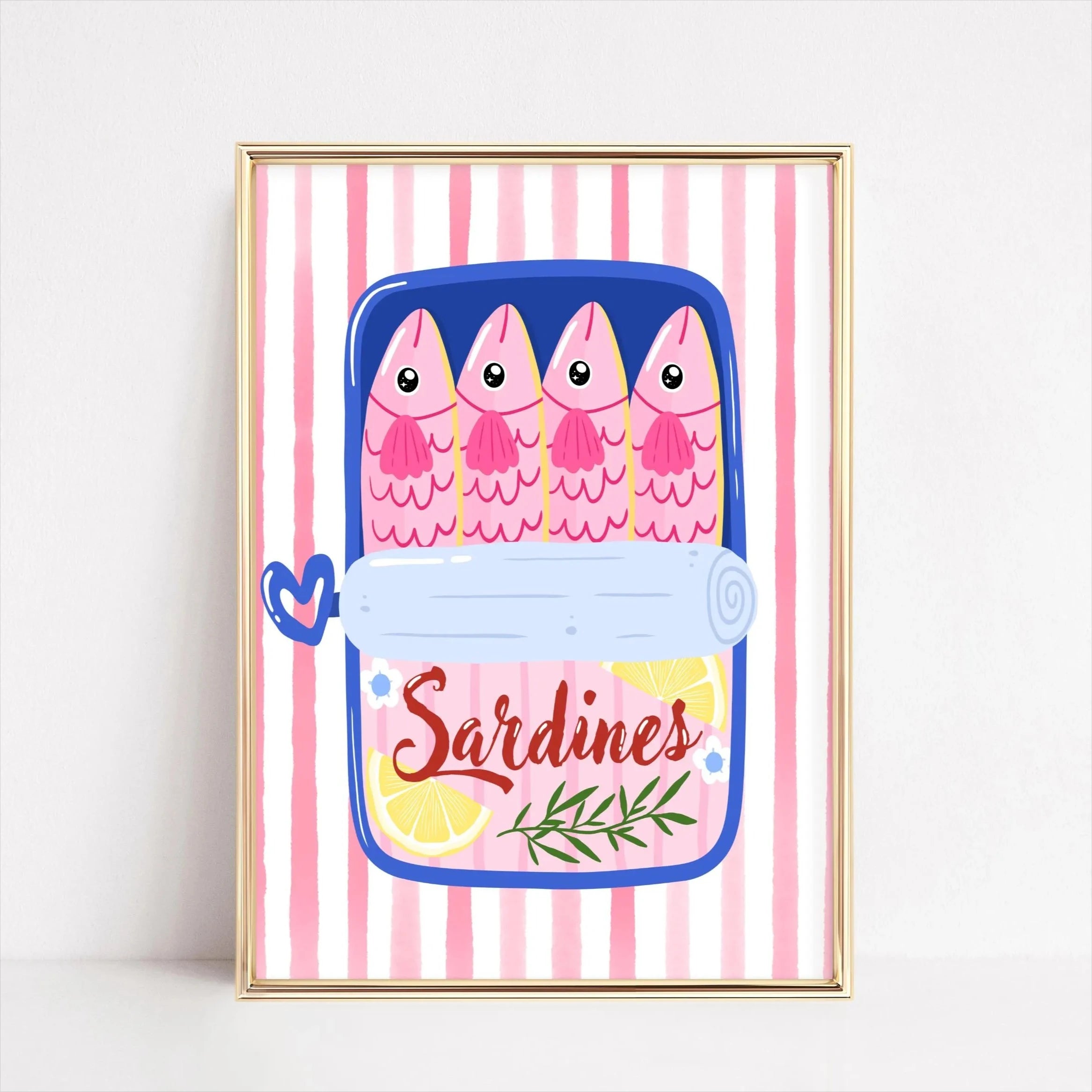 Quadro em Tela Sardinhas em Lata Rosa – Arte de Parede Estilo Pescador para Sala de Estar Moderna, Cozinha e Decoração de Casa, Presente Criativo