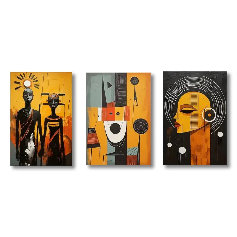 Conjunto de 3 Pôsteres Étnicos Abstratos – Arte Africana em Tela, Decoração Boho Chic, Pintura de Mulheres Negras para Sala e Quarto