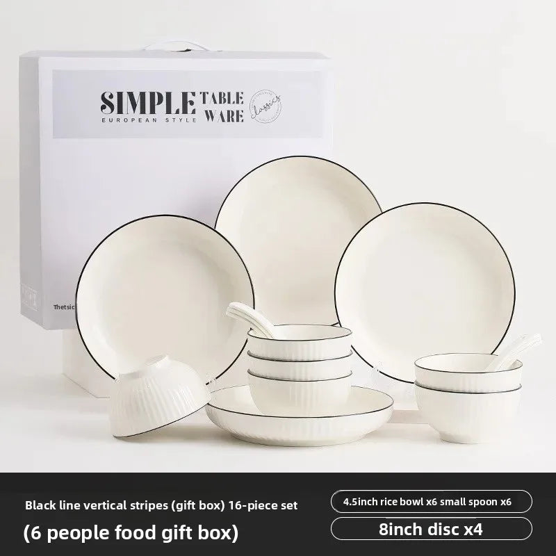 Conjunto de Jantar em Cerâmica – Tigela, Prato e Colher com Linha Preta Subvidrada | Presente Ideal para Casa