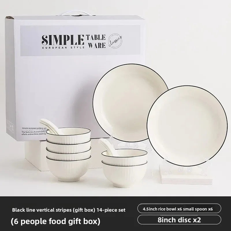 Conjunto de Jantar em Cerâmica – Tigela, Prato e Colher com Linha Preta Subvidrada | Presente Ideal para Casa