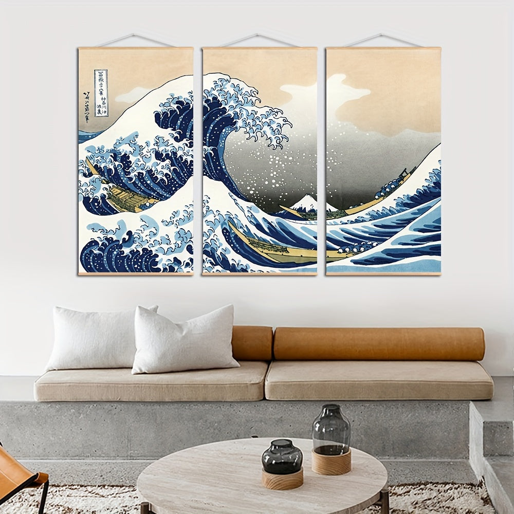 Conjunto 3 Peças A Grande Onda de Kanagawa – Quadros Decorativos